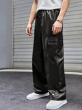 givawibe Men’s Black Faux Leather Cargo Pants – Streetwear Wide-Leg Trousers