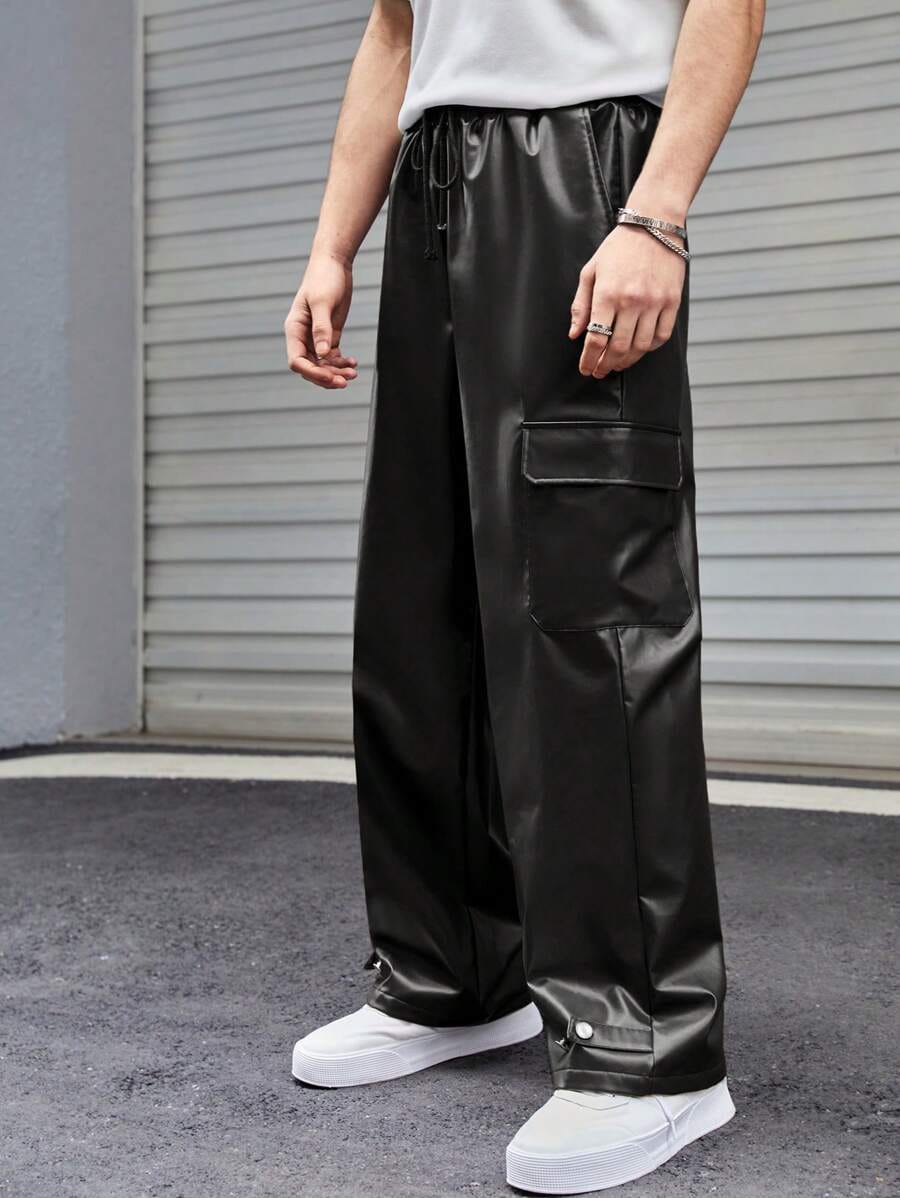 givawibe Men’s Black Faux Leather Cargo Pants – Streetwear Wide-Leg Trousers