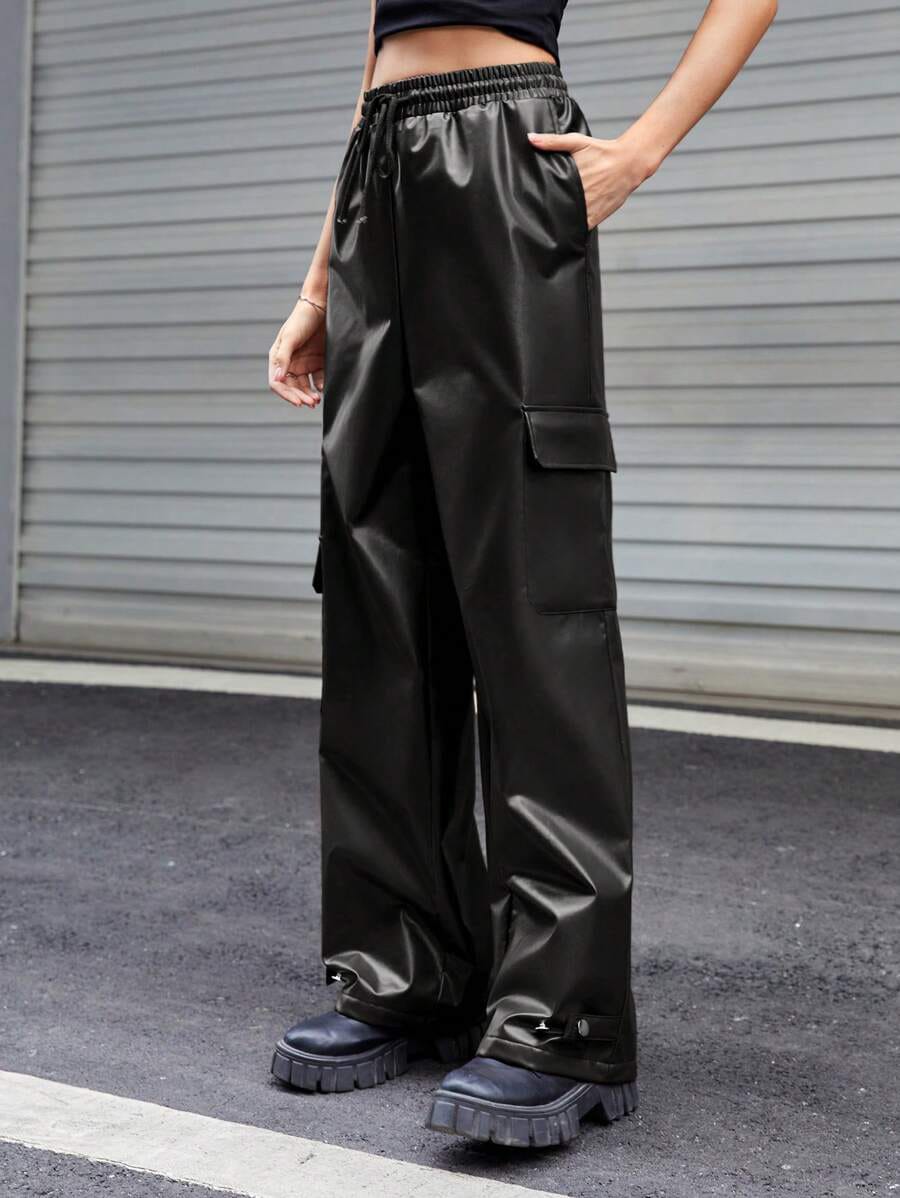 givawibe Men’s Black Faux Leather Cargo Pants – Streetwear Wide-Leg Trousers
