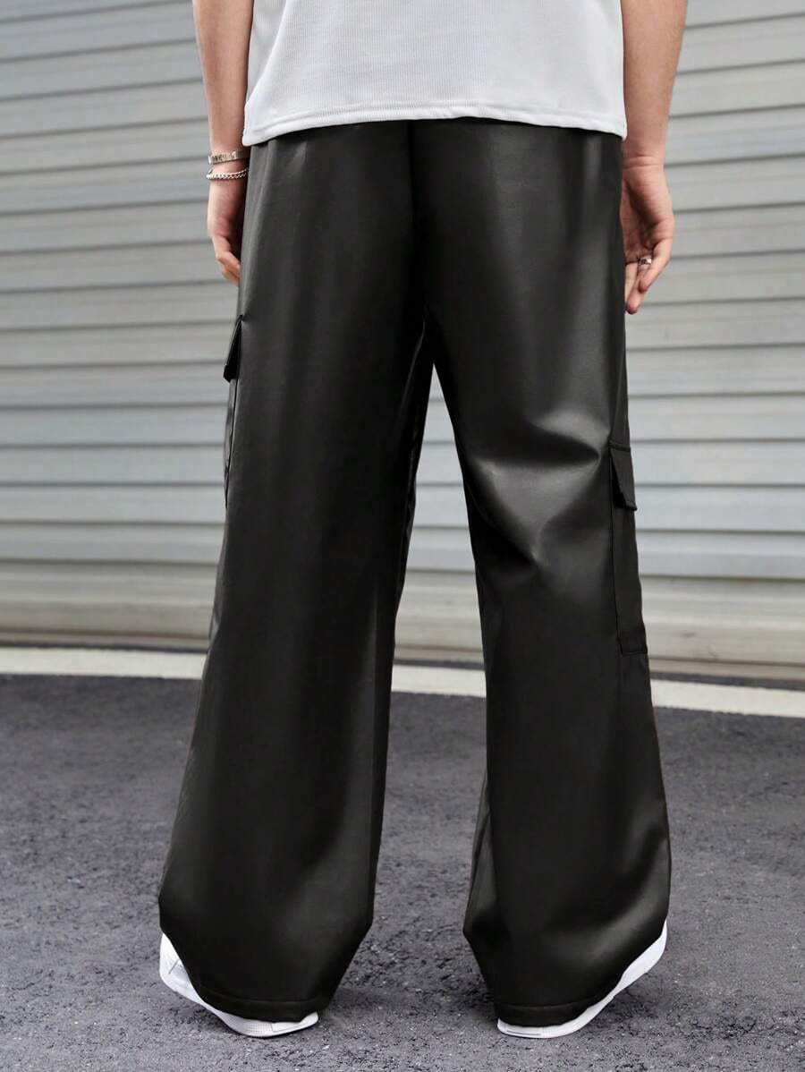 givawibe Men’s Black Faux Leather Cargo Pants – Streetwear Wide-Leg Trousers
