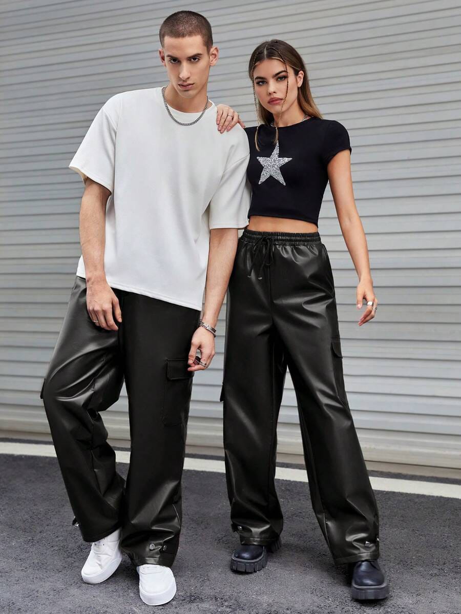 givawibe Men’s Black Faux Leather Cargo Pants – Streetwear Wide-Leg Trousers